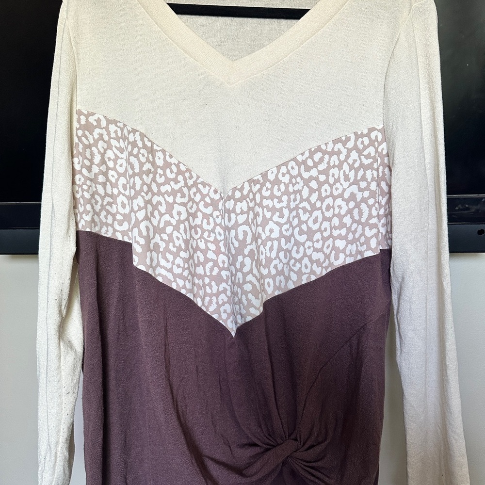 Women's Cream and Purple Leopard Print Chevron Top